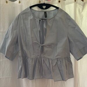 H&M Blue Short Sleeve Peplum Blouse with Tie Front
